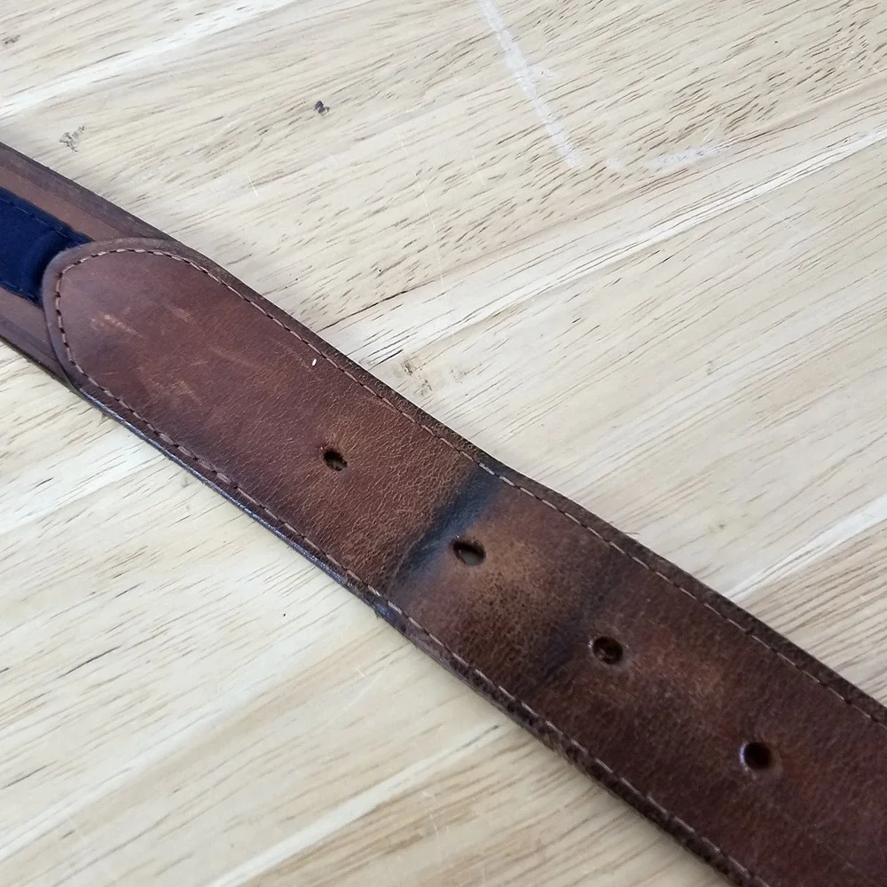 Nautica Belt Mens 40 Nautical Code Flags Embroidered Navy‎ Blue Brown Leather